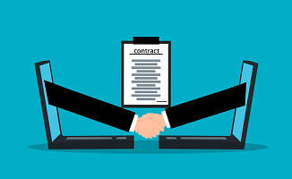 graphic showing two arms reaching through laptop screens, shaking hands over a document, symbolising contractual agreement.