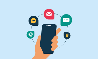 graphic showing a smartphone surrounded by icons for different communication channels, symbolising omnichannel contacts.