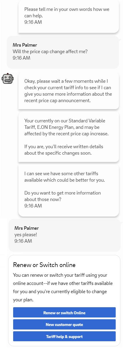 Showing a chatbot interaction where the customer is affected by the price change