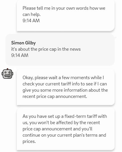 Showing a chatbot interaction where the customer is not affected by the price change